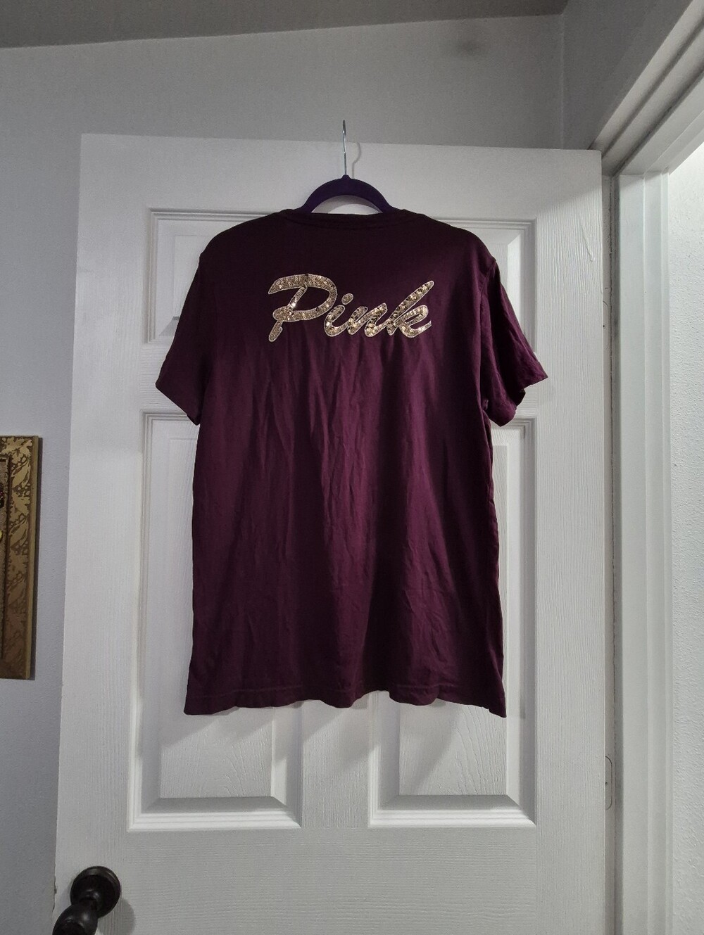PINK Victoria's Secret Deep Burgundy Short-Sleeve Tee with Gold Script Sequins